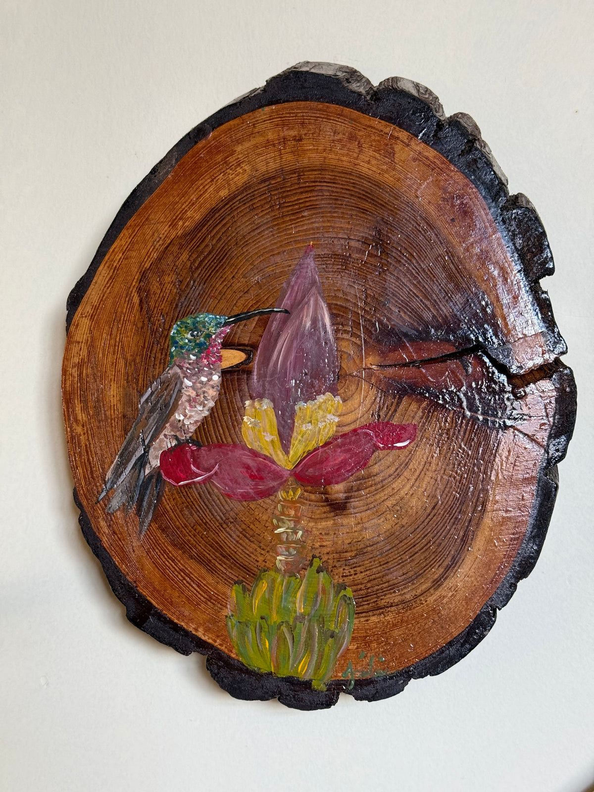 Pintura na madeira- Bananeira com beija-flor