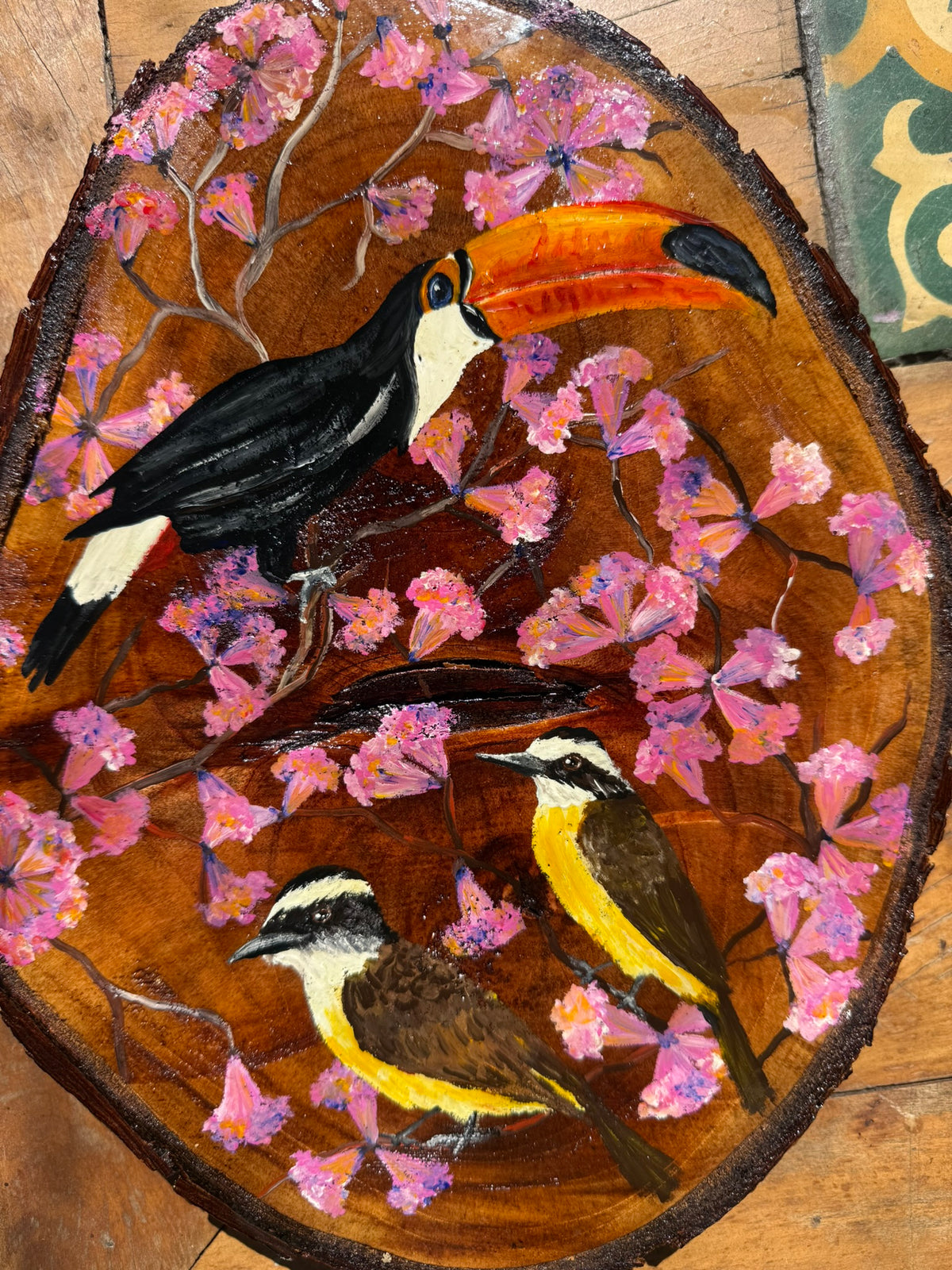 Cenas do cotidiano (Tucano e Bem-te-vi)- Pintura em madeira